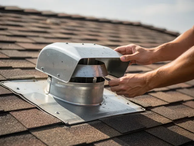 Perris Dryer Vent Cleaning certified technician safely cleaning a roof-mounted dryer vent in Perris