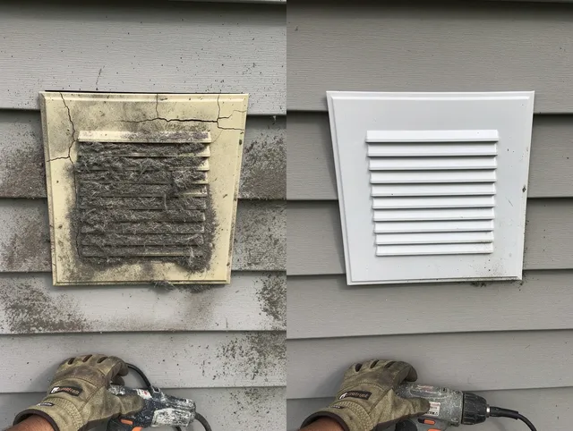 Perris Dryer Vent Cleaning technician installing high-quality dryer vent cover at a residential property in Perris