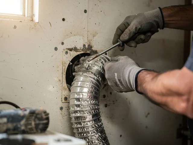 Perris Dryer Vent Cleaning technician performing precise dryer vent hose installation in Perris